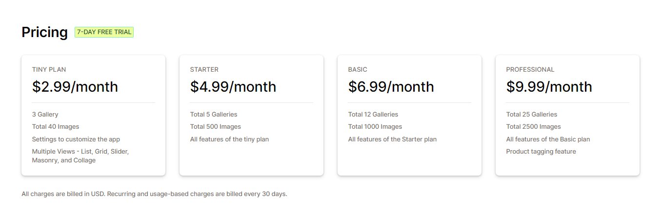 Picca Lookbook ‑ Gallery pricing plan 